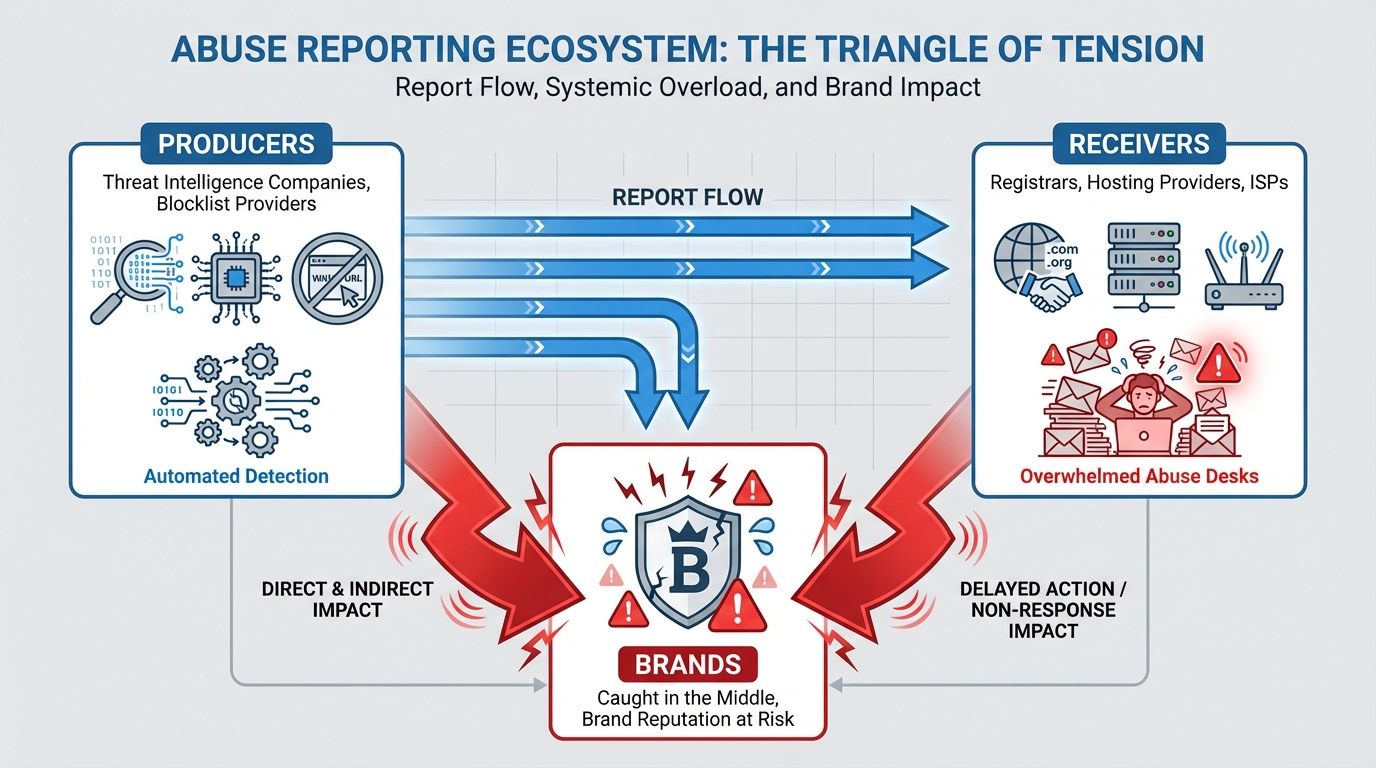 The abuse reporting ecosystem with producers, receivers, and brands